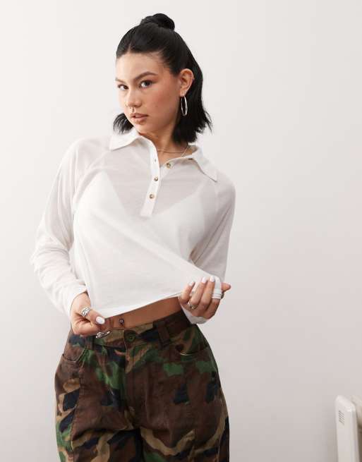 Reclaimed Vintage - Cremehvid blød polotop i afslappet pasform