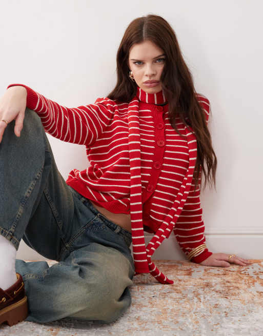 Reclaimed Vintage - Cremehvid og rød strikket cardigan med striber