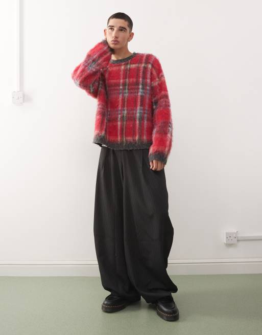 Reclaimed Vintage crew neck brushed knit sweater in red check , 2 of 5