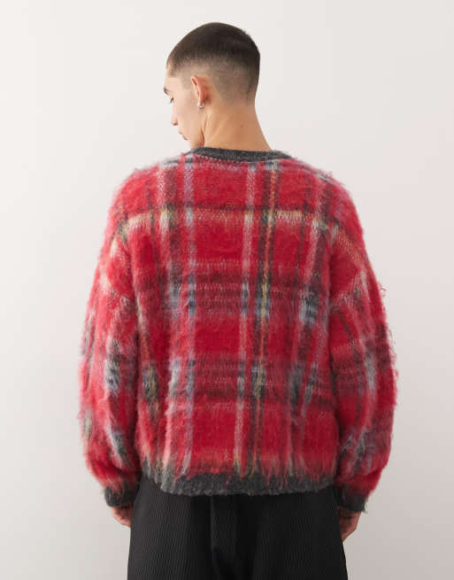 Reclaimed Vintage crew neck brushed knit sweater in red check , 3 of 5