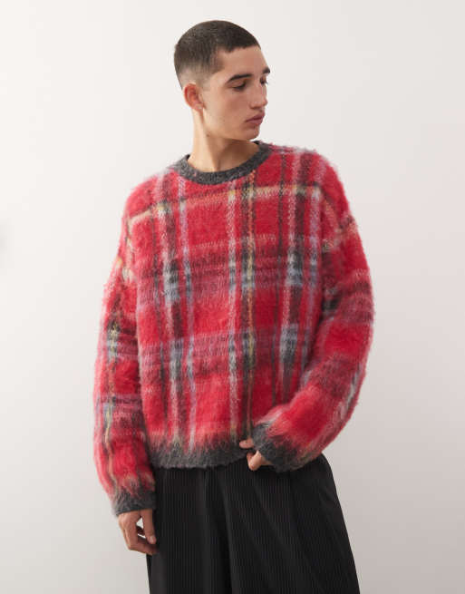 Reclaimed Vintage crew neck brushed knitted jumper in red check print 