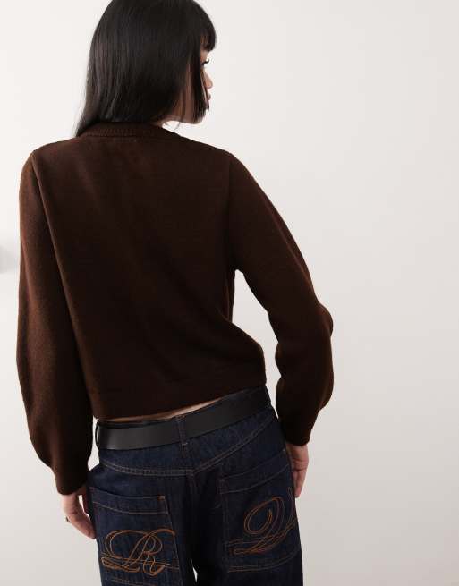 Reclaimed Vintage crew neck fitted cardigan in chocolate, 3 of 4