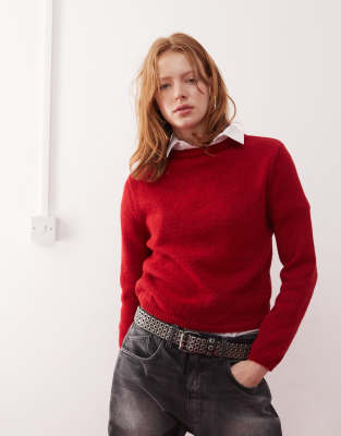 crew neck knit long sleeve sweater in cherry red