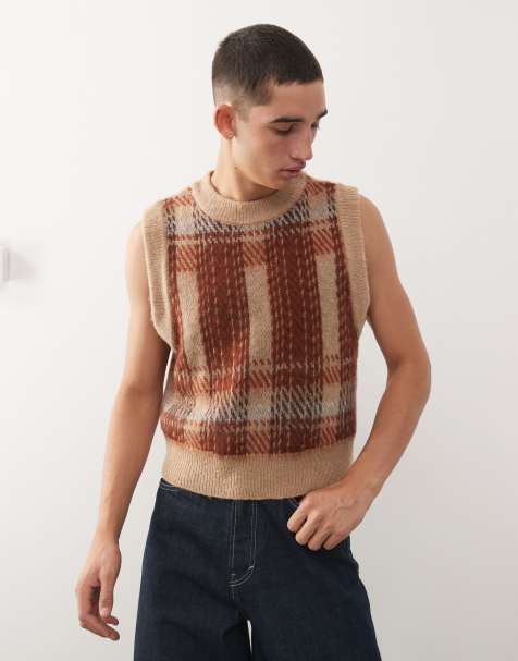 Reclaimed Vintage crew neck knitted tank in brown check  - view 1