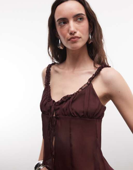 Reclaimed Vintage crinkle chiffon blouse in chocolate brown, 3 of 4