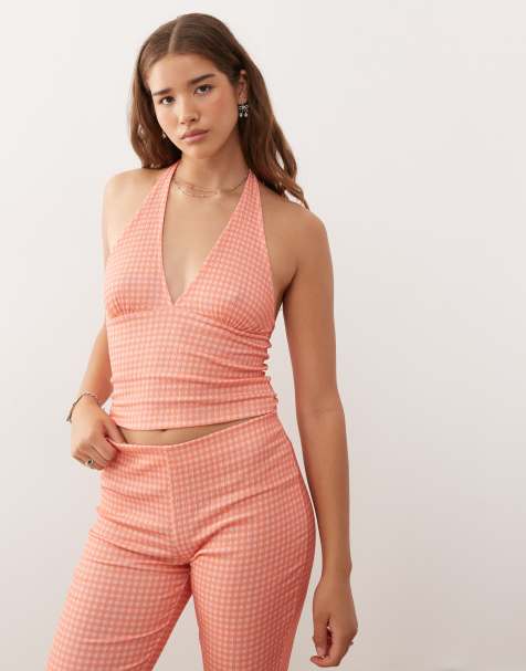 Reclaimed Vintage crinkle textured halter neck top co-ord in orange gingham print
