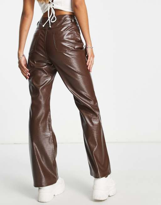 Wide Leg Asos Design Brown Croc Leather Pants COLLUSION Faux