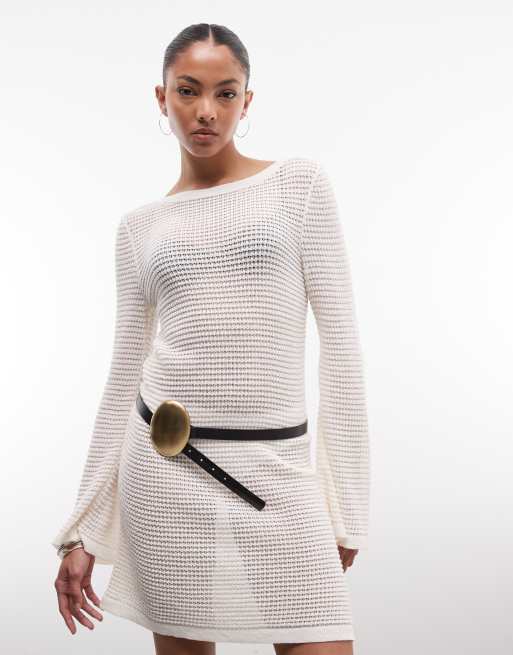 Reclaimed Vintage crochet beach mini dress in cream with flared sleeve, 3 of 4