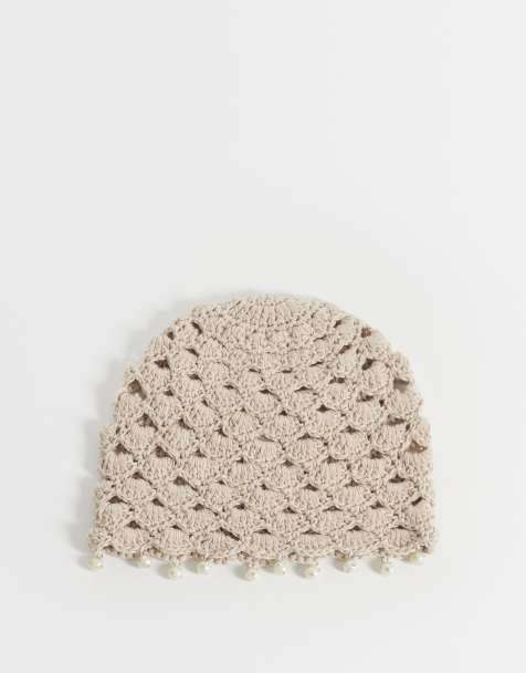 Reclaimed Vintage crochet beanie with faux pearl trim in cream - view 1