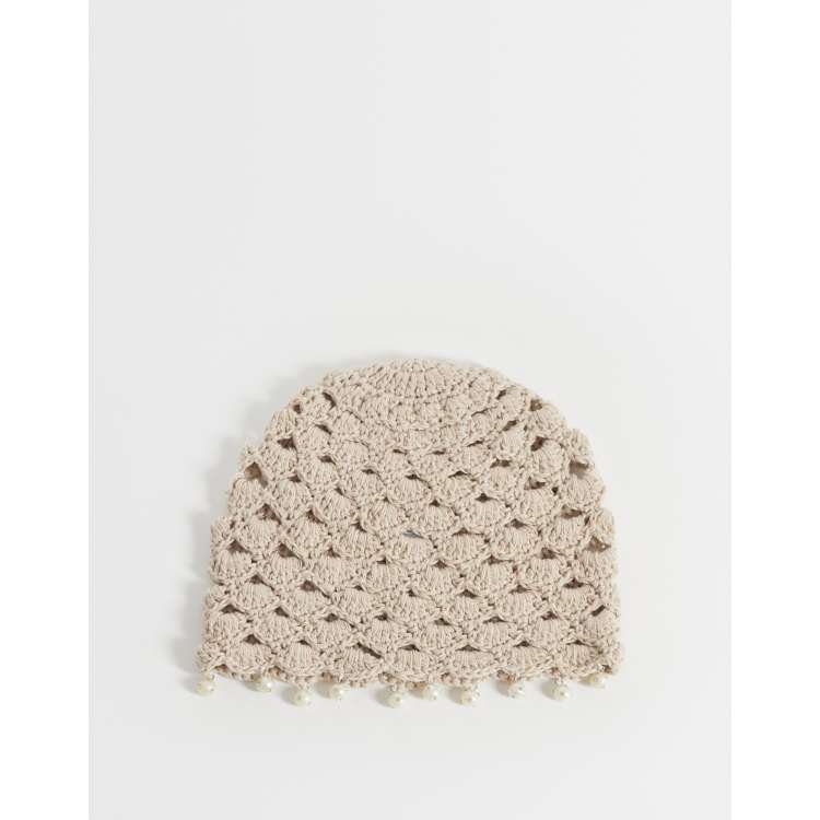ASOS - Reclaimed Vintage Crochet Beanie with Faux Pearl Trim in Cream