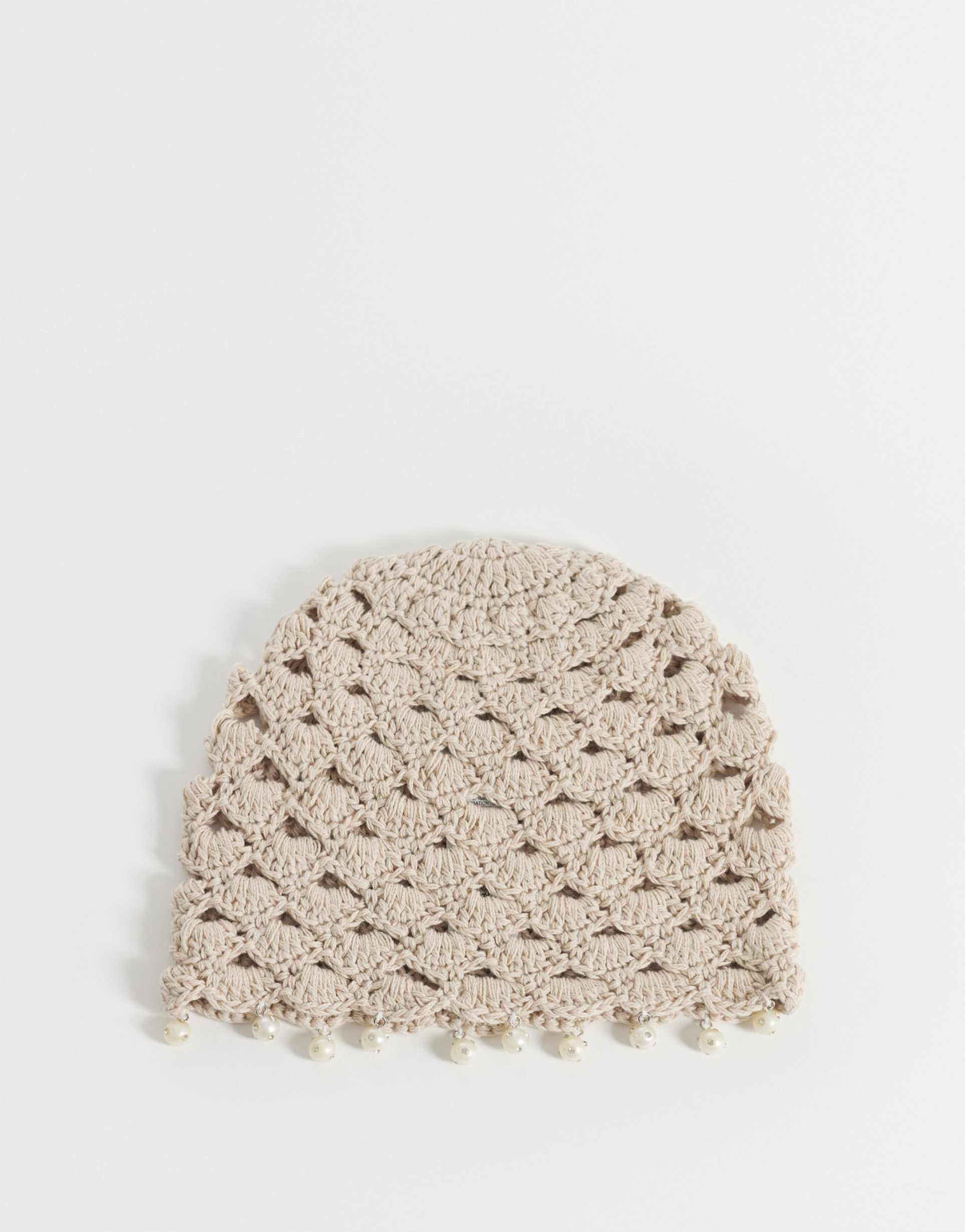 reclaimed vintage crochet beanie with faux pearl trim in cream