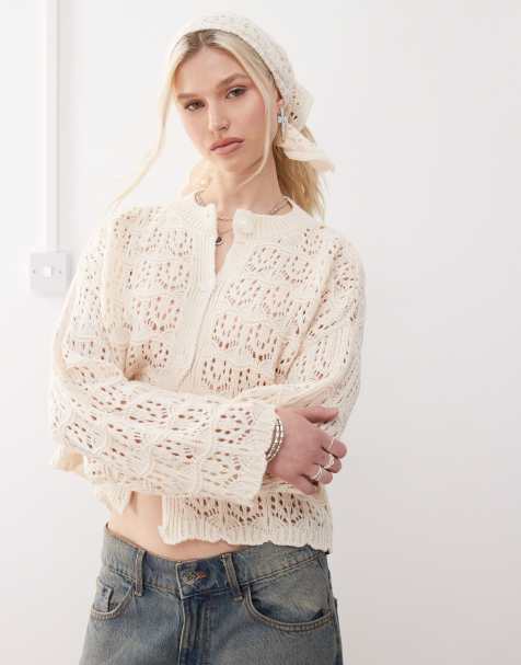 Reclaimed Vintage crochet boxy cardi and headscarf set in cream - view 1