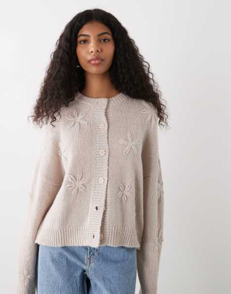 Reclaimed Vintage crochet boxy cardigan with 3d flowers in cream