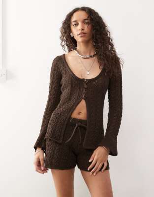 crochet button detail slit front festival top in chocolate brown - part of a set