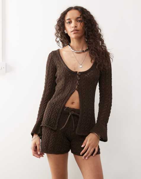 Reclaimed Vintage crochet button detail split front festival top co-ord in chocolate brown