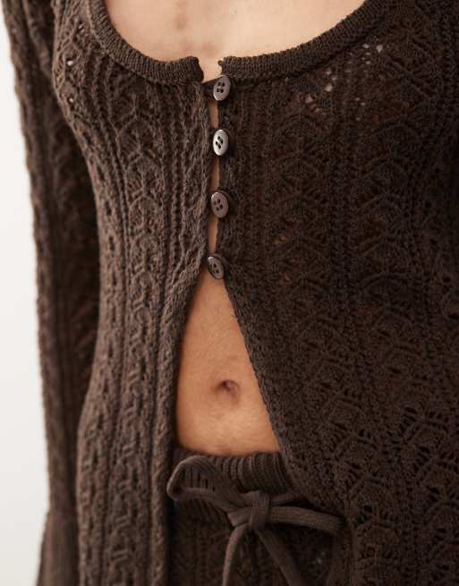 Reclaimed Vintage crochet button detail split front festival top co-ord in chocolate brown, 2 of 4