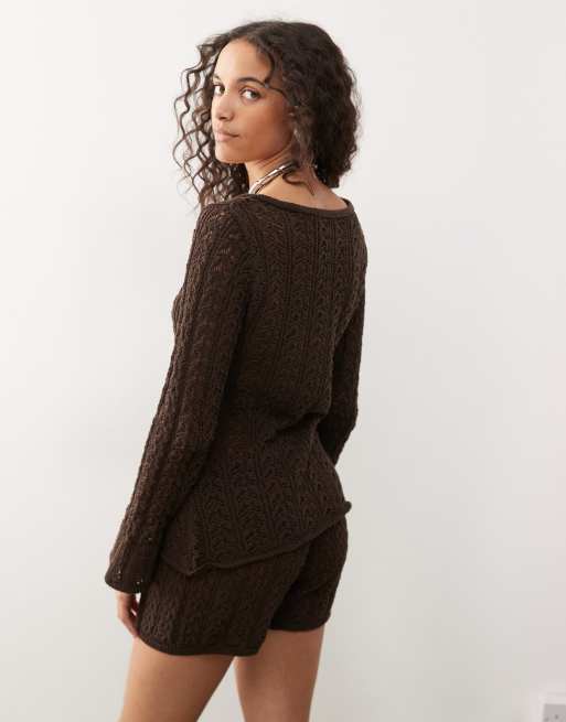 Reclaimed Vintage crochet button detail split front festival top co-ord in chocolate brown, 4 of 4