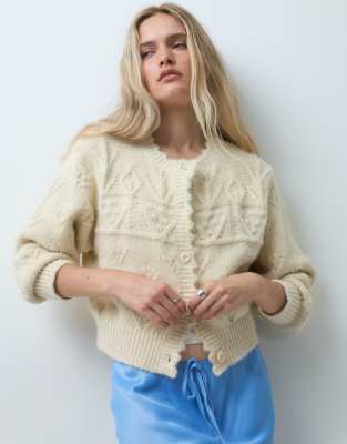 Reclaimed Vintage Crochet Cable Knit Cardi In Neutral