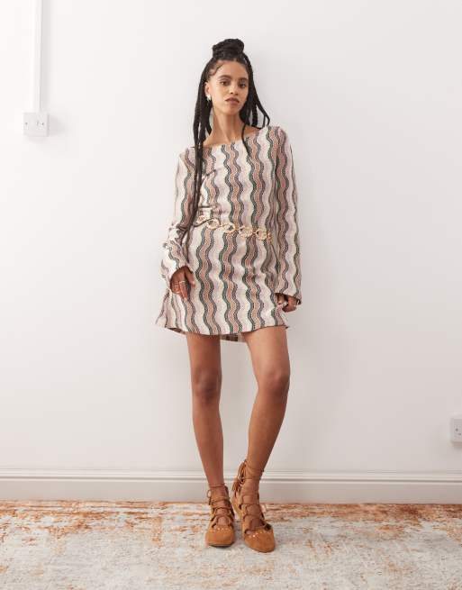 Reclaimed Vintage stripe crochet flare sleeve mini dress in multi stripe