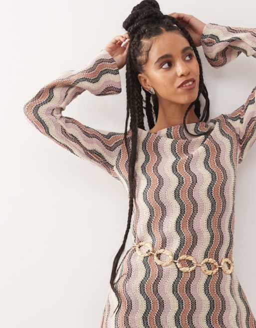 Reclaimed Vintage stripe crochet flare sleeve mini dress in multi stripe