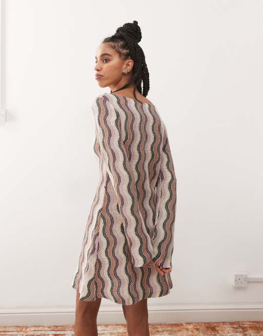 Reclaimed Vintage stripe crochet flare sleeve mini dress in multi stripe