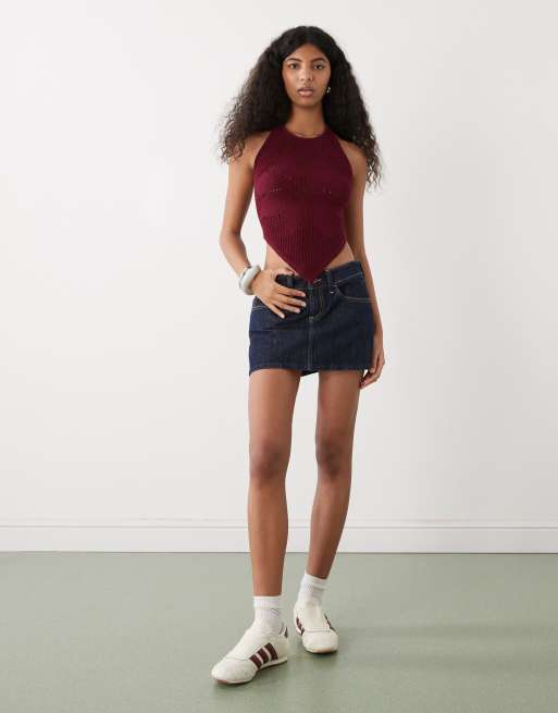 Reclaimed Vintage crochet halter neck dipped hem top in plum, 2 of 4