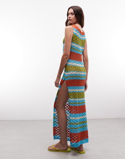 Reclaimed Vintage crochet knit beach maxi dress in multi stripes, 4 of 4
