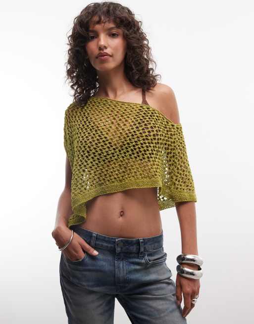 Reclaimed Vintage crochet knit metallic poncho in olive