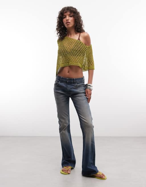 Reclaimed Vintage crochet knit metallic poncho in olive, 3 of 4