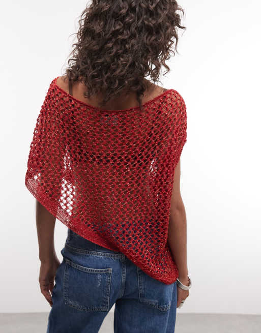 Reclaimed Vintage crochet knit metallic poncho in red, 3 of 4