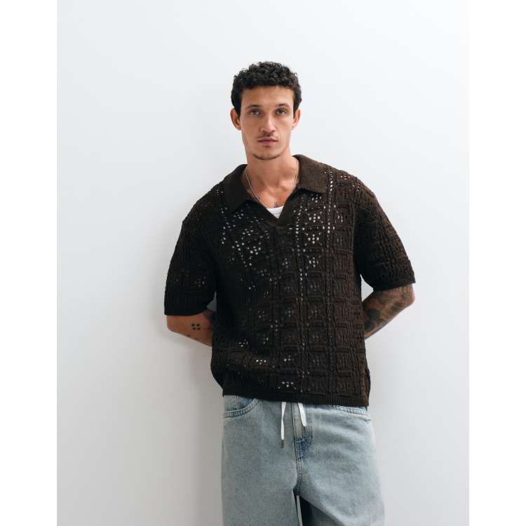 Reclaimed Vintage crochet knit shirt in chocolate brown | ASOS