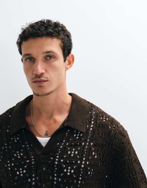 Reclaimed Vintage crochet knit shirt in chocolate brown, 3 of 5