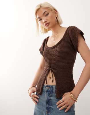 Reclaimed Vintage crochet knit split front top in chocolate brown