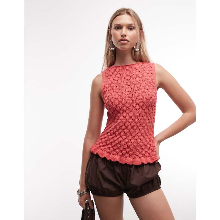 Reclaimed Vintage crochet knit top with frill hem in red | ASOS