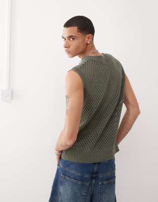 Reclaimed Vintage Crochet Knit Vest In Green