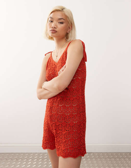 Reclaimed Vintage crochet knitted festival romper with tie shoulder in rust, 2 of 4