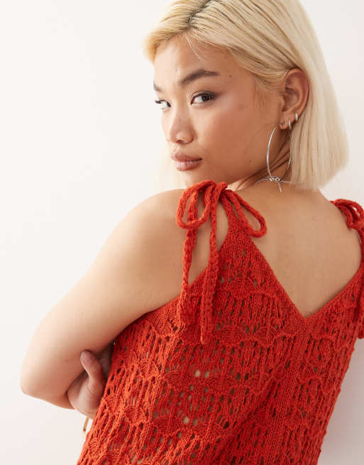 Reclaimed Vintage crochet knitted festival romper with tie shoulder in rust, 3 of 4