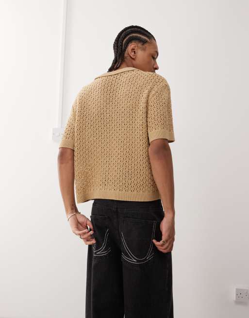 Reclaimed Vintage crochet knitted resort shirt in tan , 3 of 4