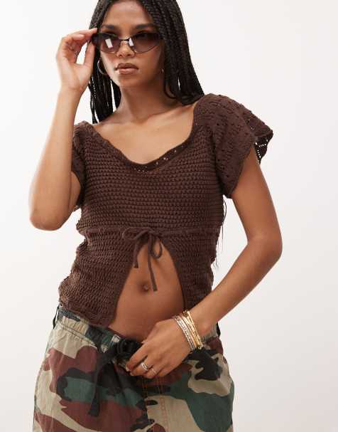 Reclaimed Vintage crochet knitted split front top in chocolate brown - view 1