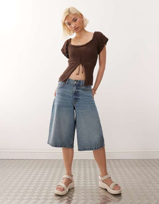 Reclaimed Vintage crochet knitted split front top in chocolate brown, 3 of 4