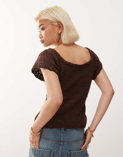 Reclaimed Vintage crochet knitted split front top in chocolate brown, 4 of 4