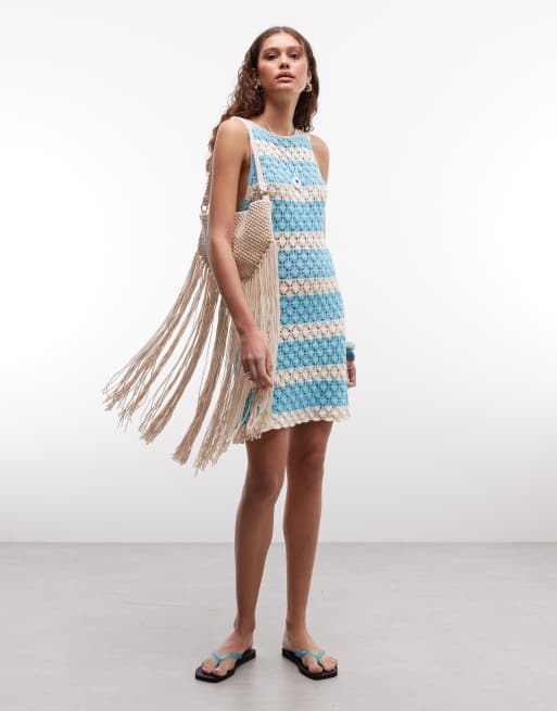 Reclaimed Vintage crochet mini dress in turquoise striped print, 2 of 4