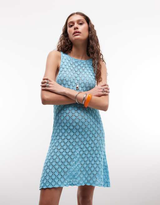 Reclaimed Vintage crochet mini dress in turquoise, 4 of 4