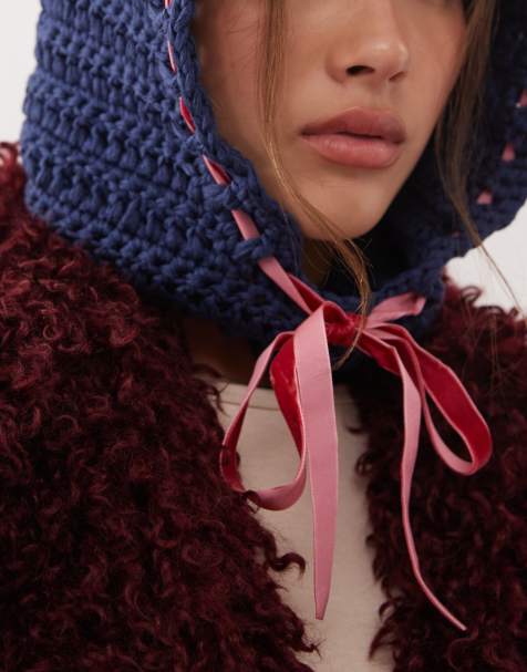 Reclaimed Vintage crochet mittens and bonnet set with velvet trim in blue - view 1