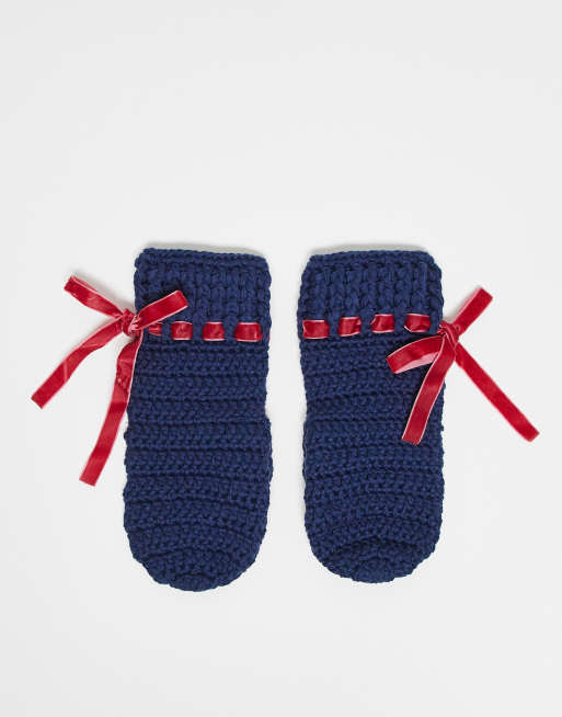 Reclaimed Vintage crochet mittens with velvet trim in blue