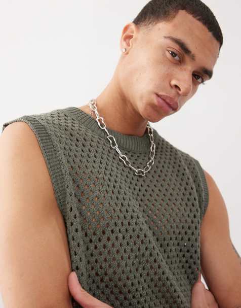 Reclaimed Vintage crochet open stitch knit resort tank in khaki - view 1