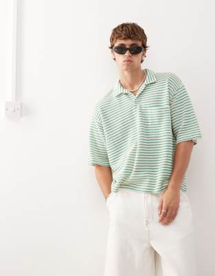 crochet resort short sleeve polo shirt in green and ecru stripe-White