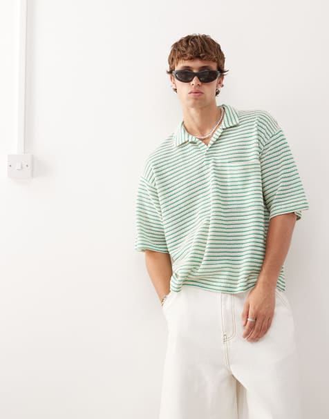 Reclaimed Vintage crochet resort short sleeve polo shirt in green and ecru stripe - view 1