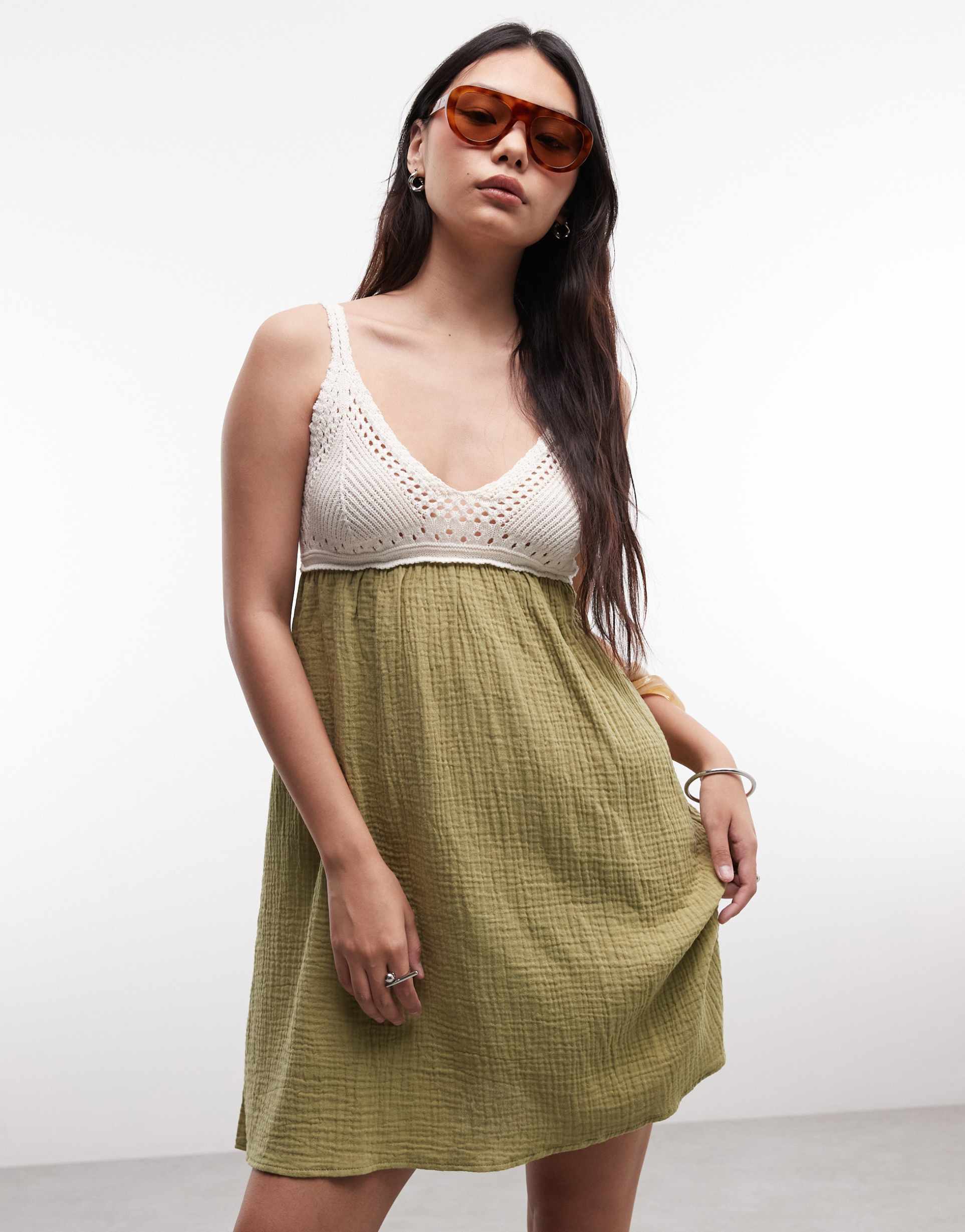 reclaimed vintage crochet summer dress in olive and cream
