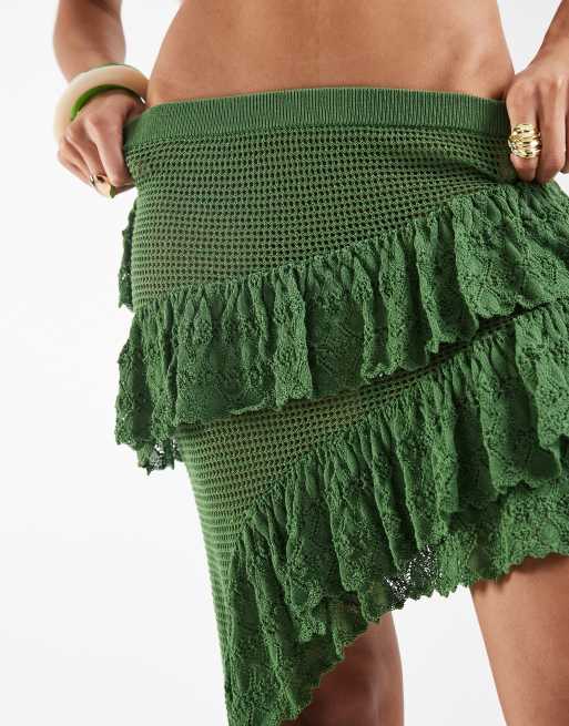 Reclaimed Vintage crochet tiered high low skirt in green, 4 of 5
